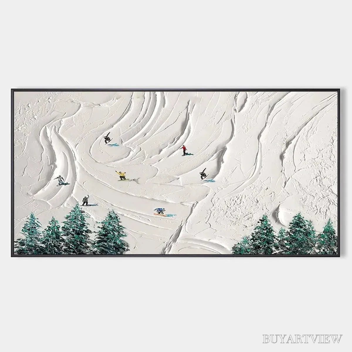 ARTOVITAS Snowy Peaks – Textured Minimalist Winter Landscape Painting with Skiers - image 1