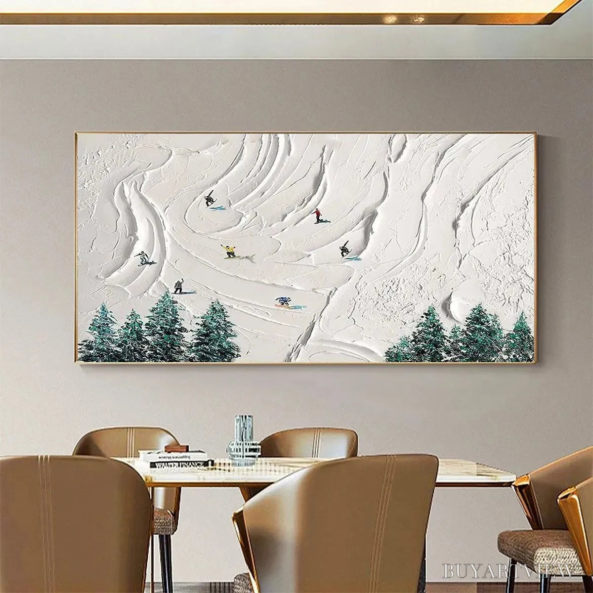 ARTOVITAS Snowy Peaks – Textured Minimalist Winter Landscape Painting with Skiers - image 2