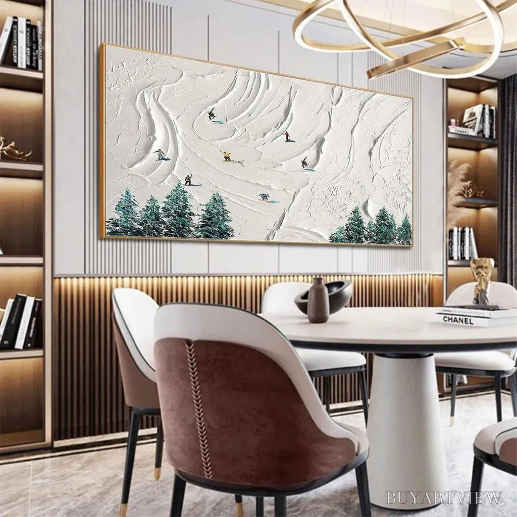 ARTOVITAS Snowy Peaks – Textured Minimalist Winter Landscape Painting with Skiers - image 4