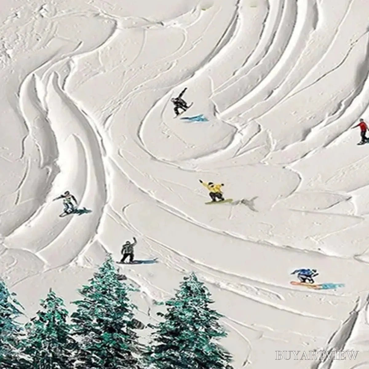 ARTOVITAS Snowy Peaks – Textured Minimalist Winter Landscape Painting with Skiers - image 5