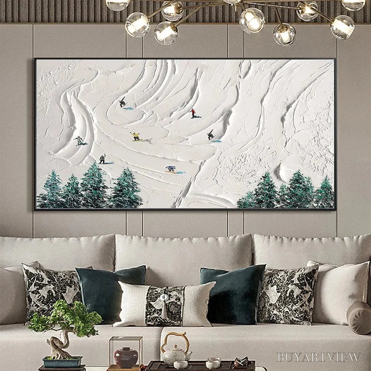 ARTOVITAS Snowy Peaks – Textured Minimalist Winter Landscape Painting with Skiers - image 6