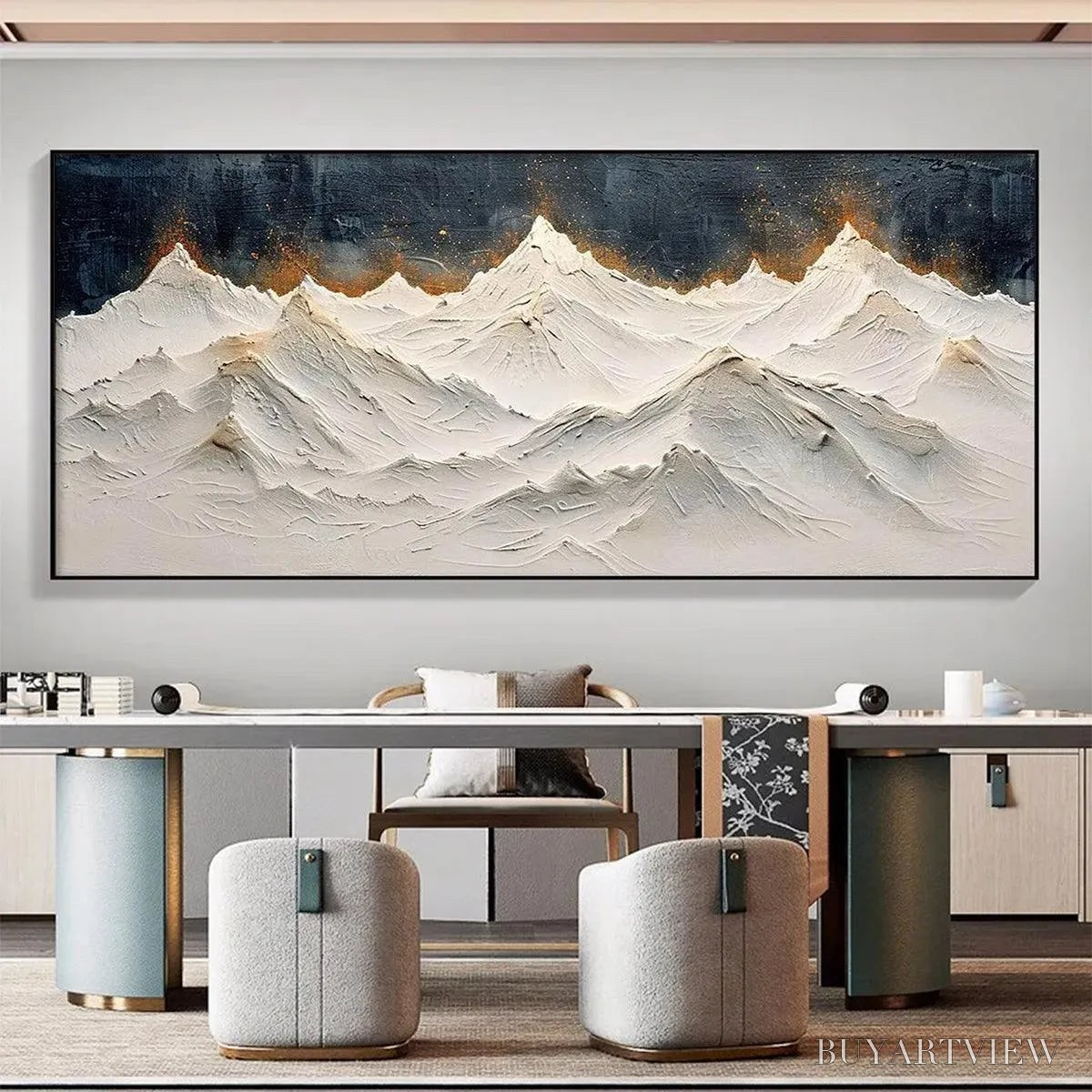 ARTOVITAS Snowy Peaks – Textured White and Gold Mountain Painting - image 4