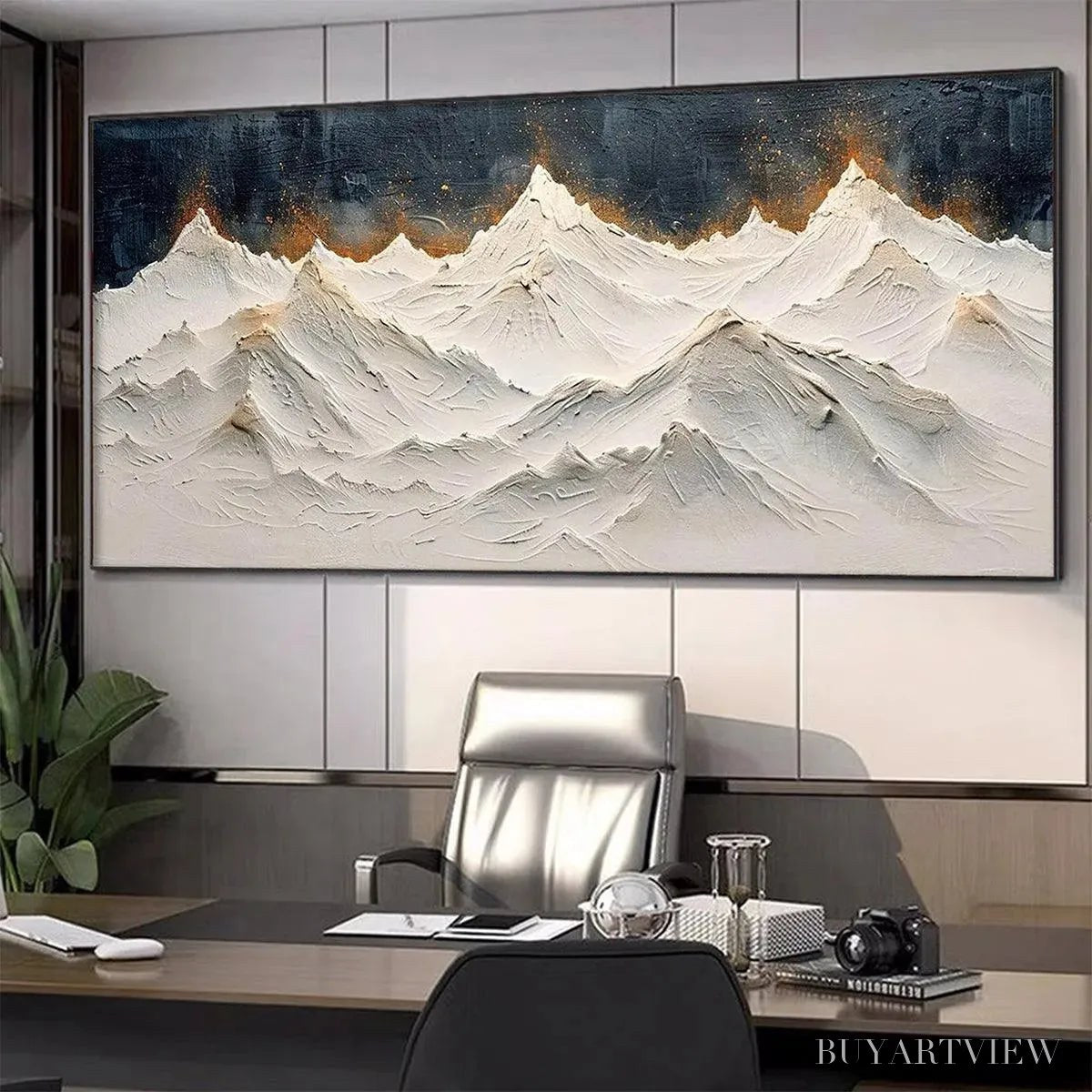 ARTOVITAS Snowy Peaks – Textured White and Gold Mountain Painting - image 6