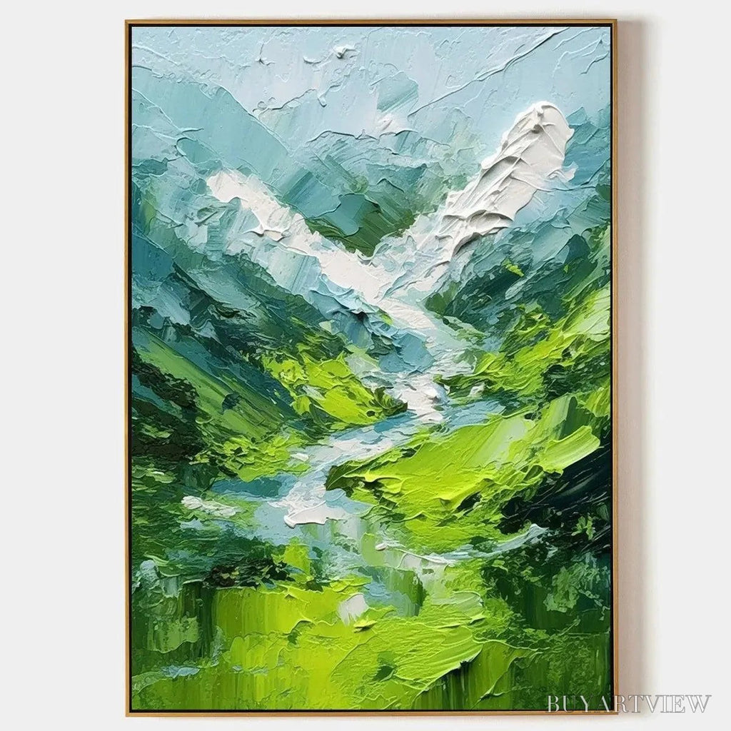 ARTOVITAS Emerald Valley – Textured Green Abstract Mountain Landscape Painting - image 1