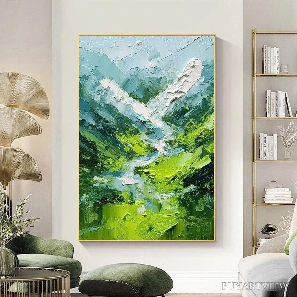 ARTOVITAS Emerald Valley – Textured Green Abstract Mountain Landscape Painting - image 2