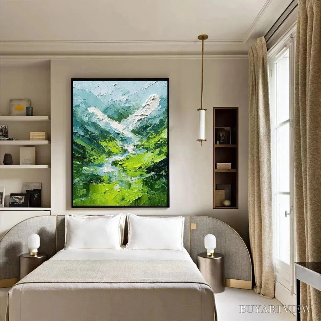 ARTOVITAS Emerald Valley – Textured Green Abstract Mountain Landscape Painting - image 4