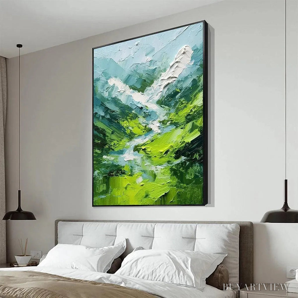 ARTOVITAS Emerald Valley – Textured Green Abstract Mountain Landscape Painting - image 5