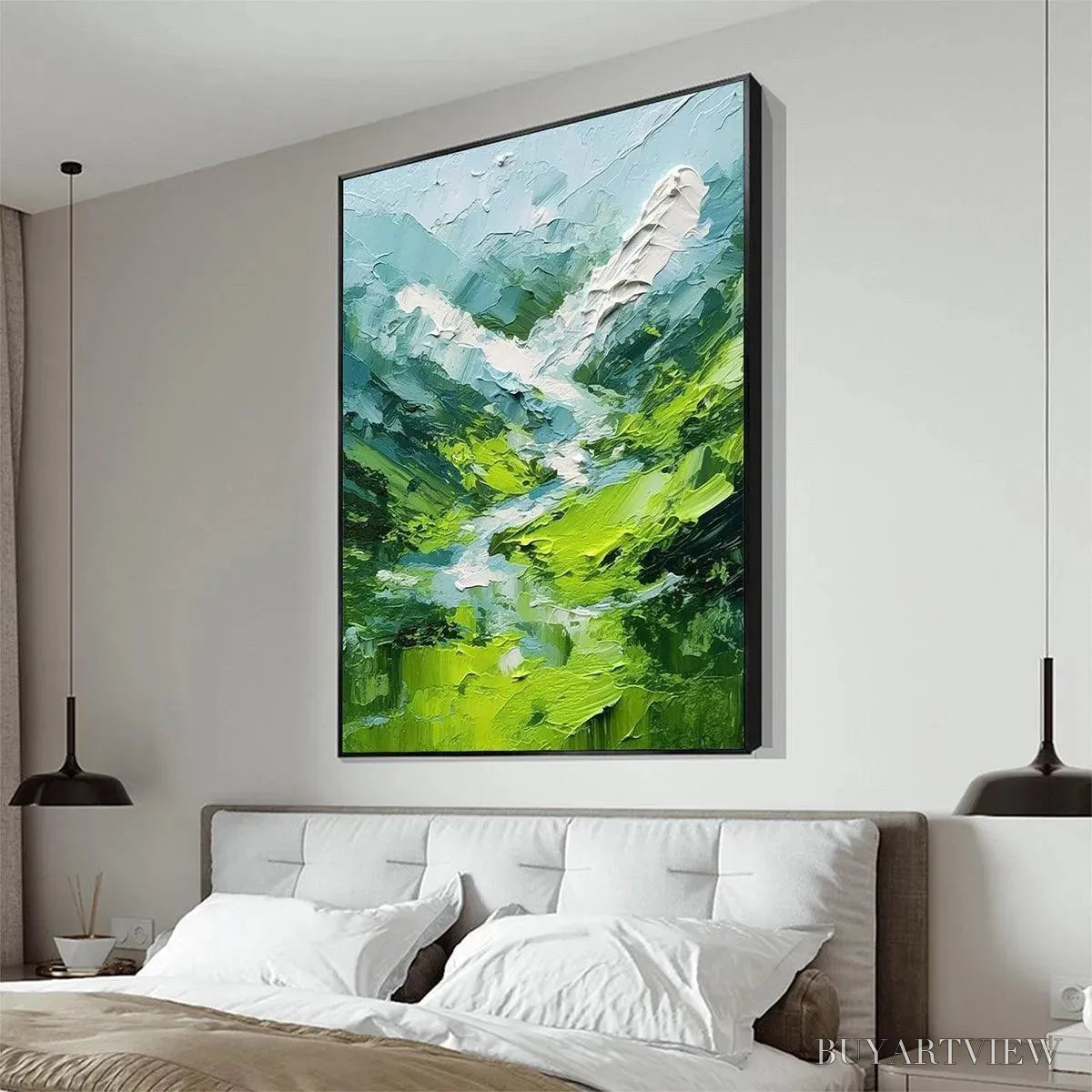 ARTOVITAS Emerald Valley – Textured Green Abstract Mountain Landscape Painting - image 5