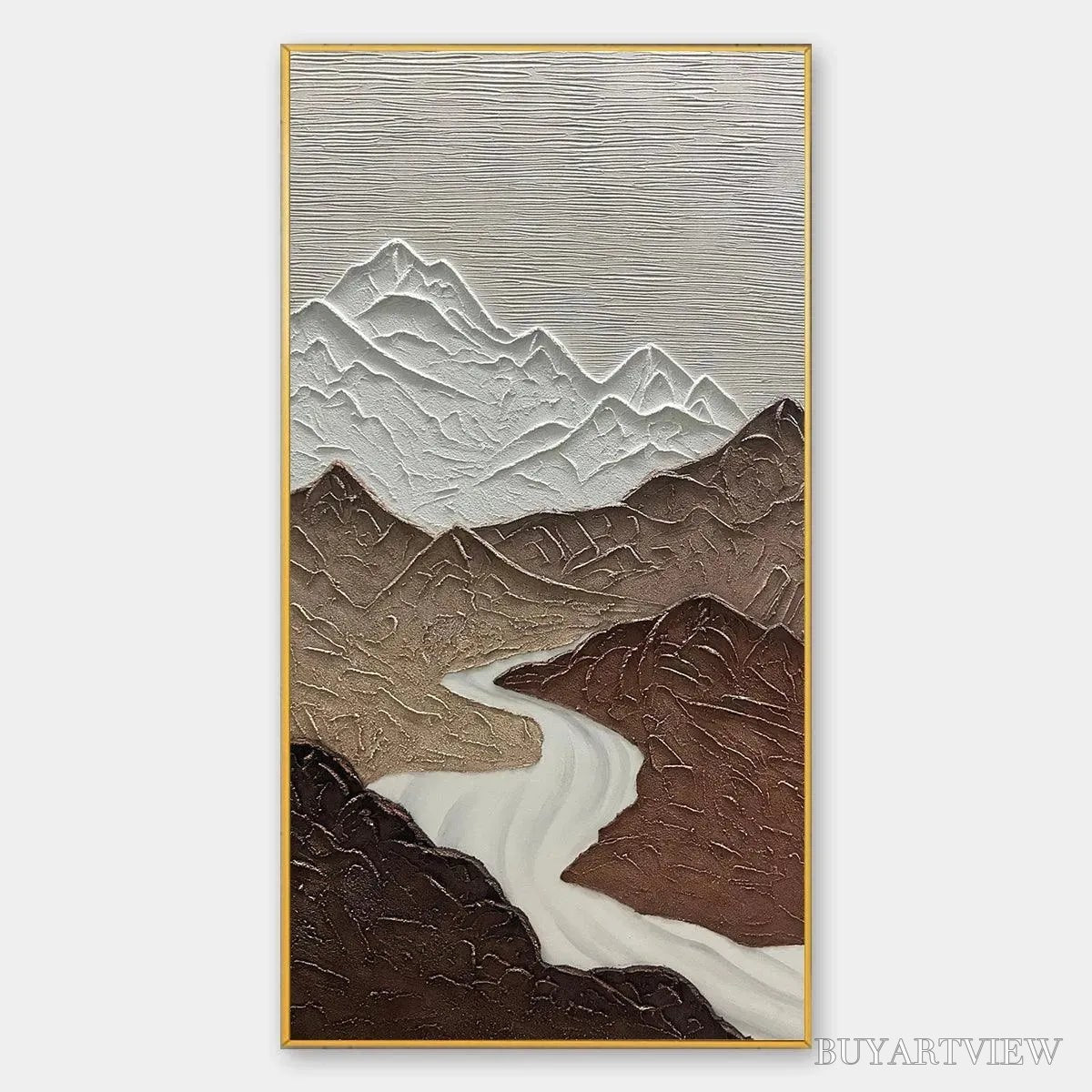 ARTOVITAS Earth River – Textured Brown and White Mountain River Landscape Painting - image 1