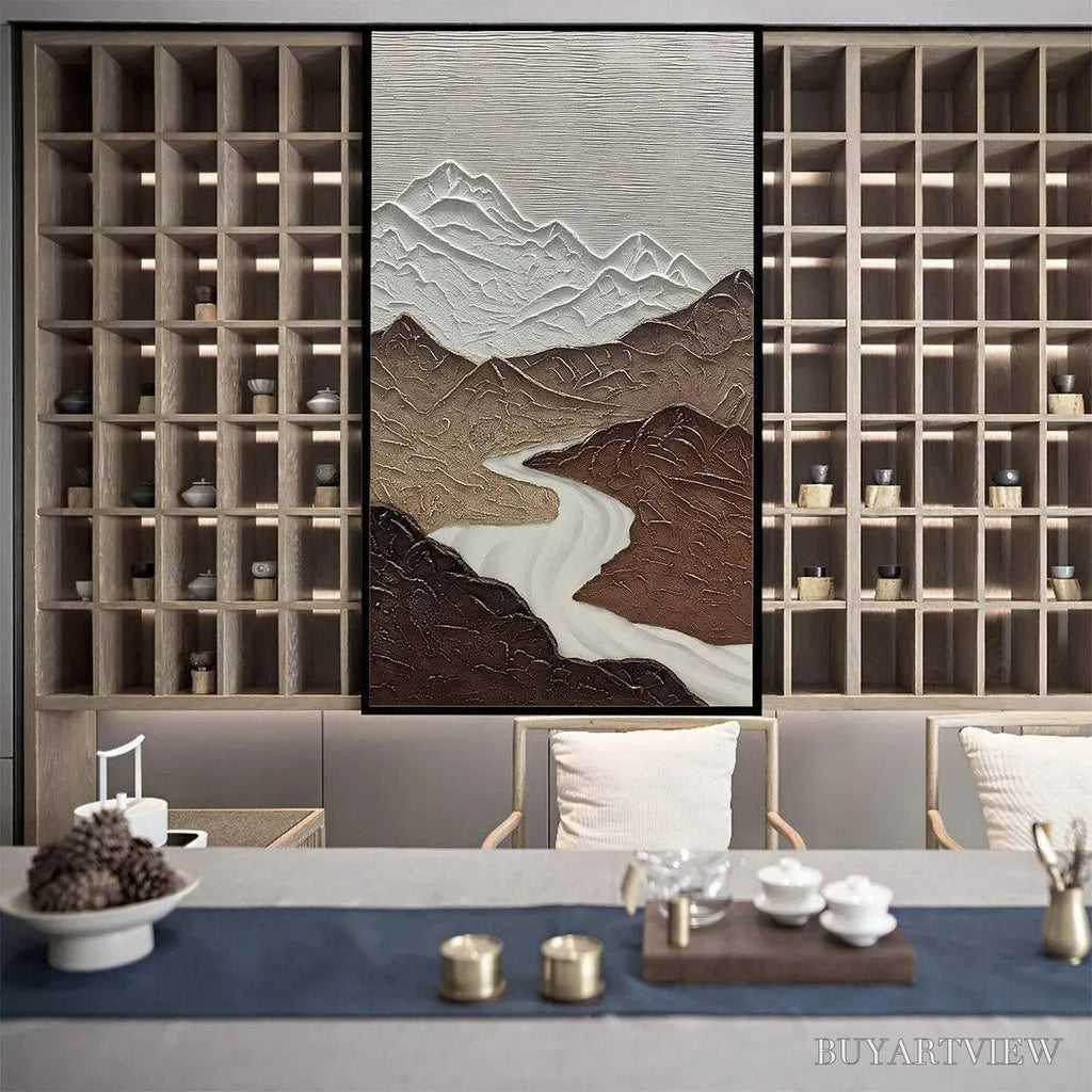 ARTOVITAS Earth River – Textured Brown and White Mountain River Landscape Painting - image 6