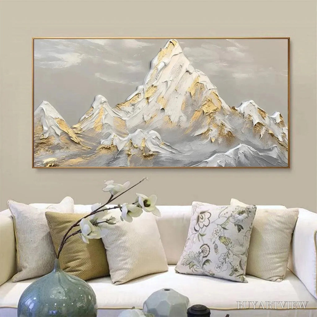 ARTOVITAS Golden Peaks – Textured Mountain Landscape Painting in Gold and Grey - image 2