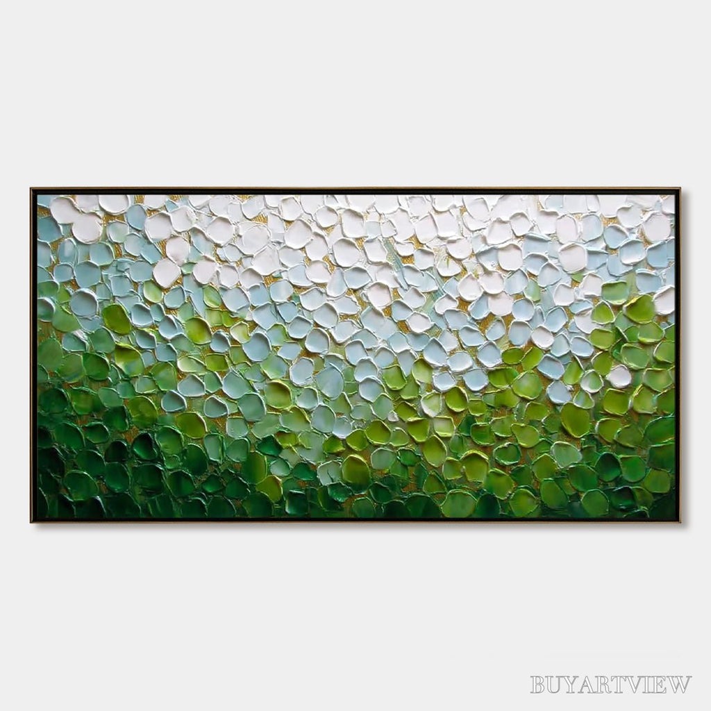 ARTOVITAS Emerald Petals – Textured Abstract Green & White Impasto Landscape Painting - image 1