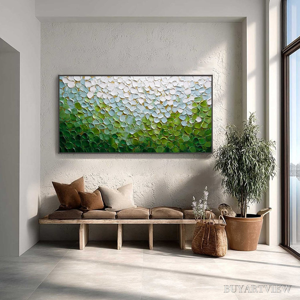 ARTOVITAS Emerald Petals – Textured Abstract Green & White Impasto Landscape Painting - image 2