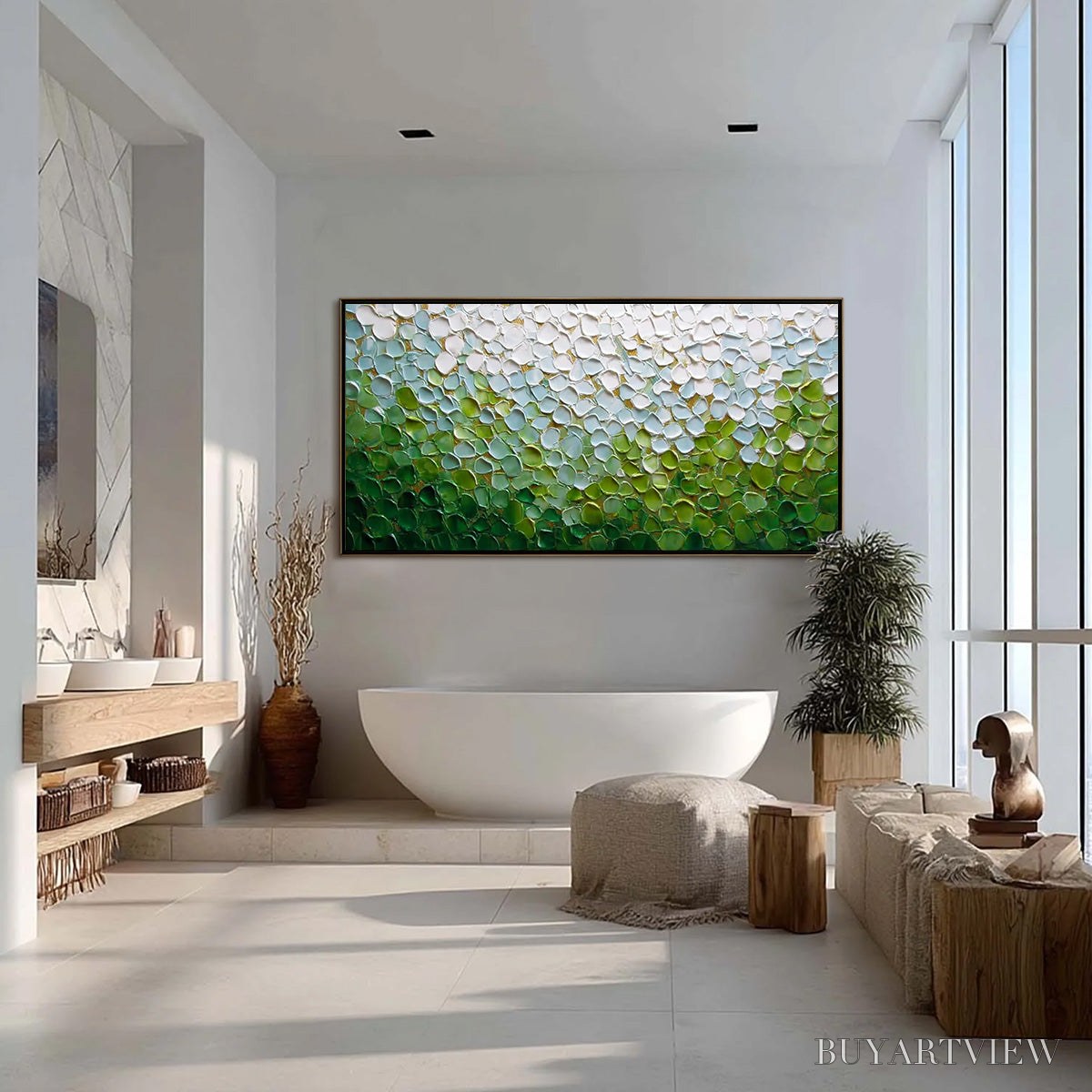 ARTOVITAS Emerald Petals – Textured Abstract Green & White Impasto Landscape Painting - image 4