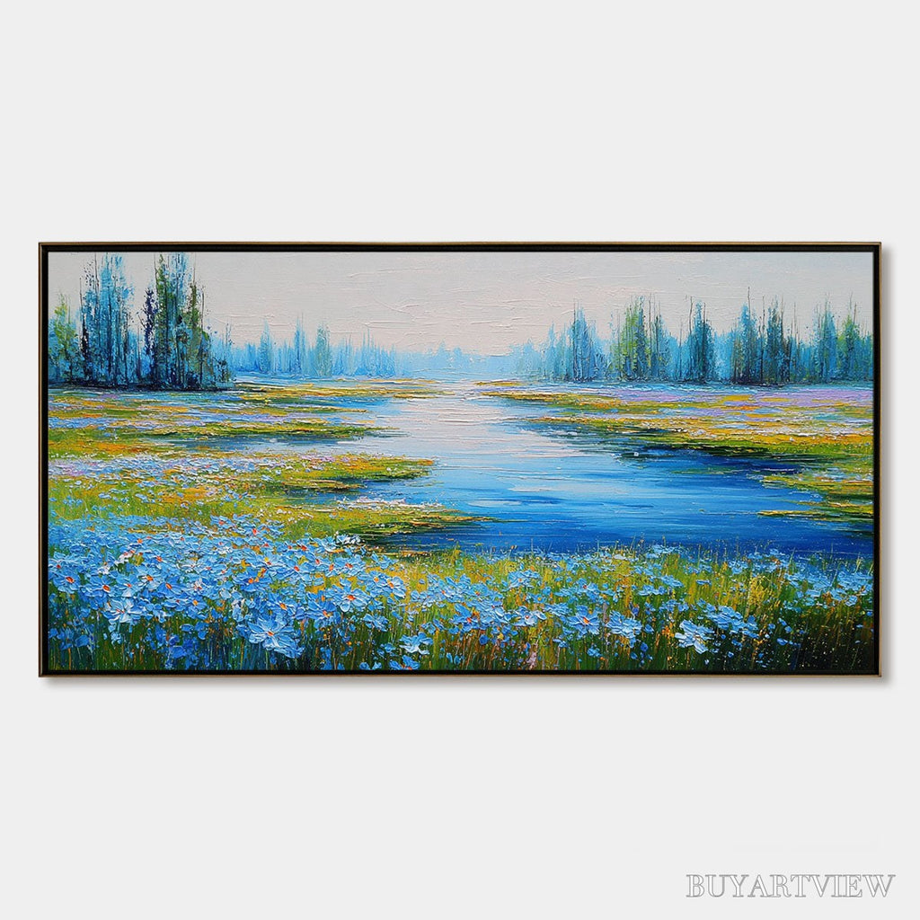 ARTOVITAS Azure Reverie – Textured Palette Knife Painting of a Serene Lakeside Meadow - image 1