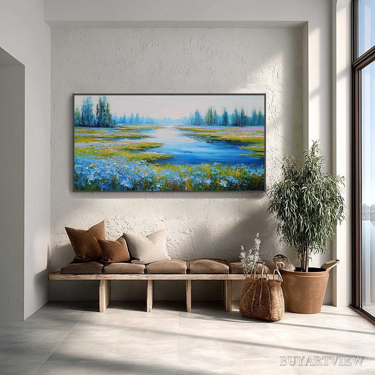 ARTOVITAS Azure Reverie – Textured Palette Knife Painting of a Serene Lakeside Meadow - image 2