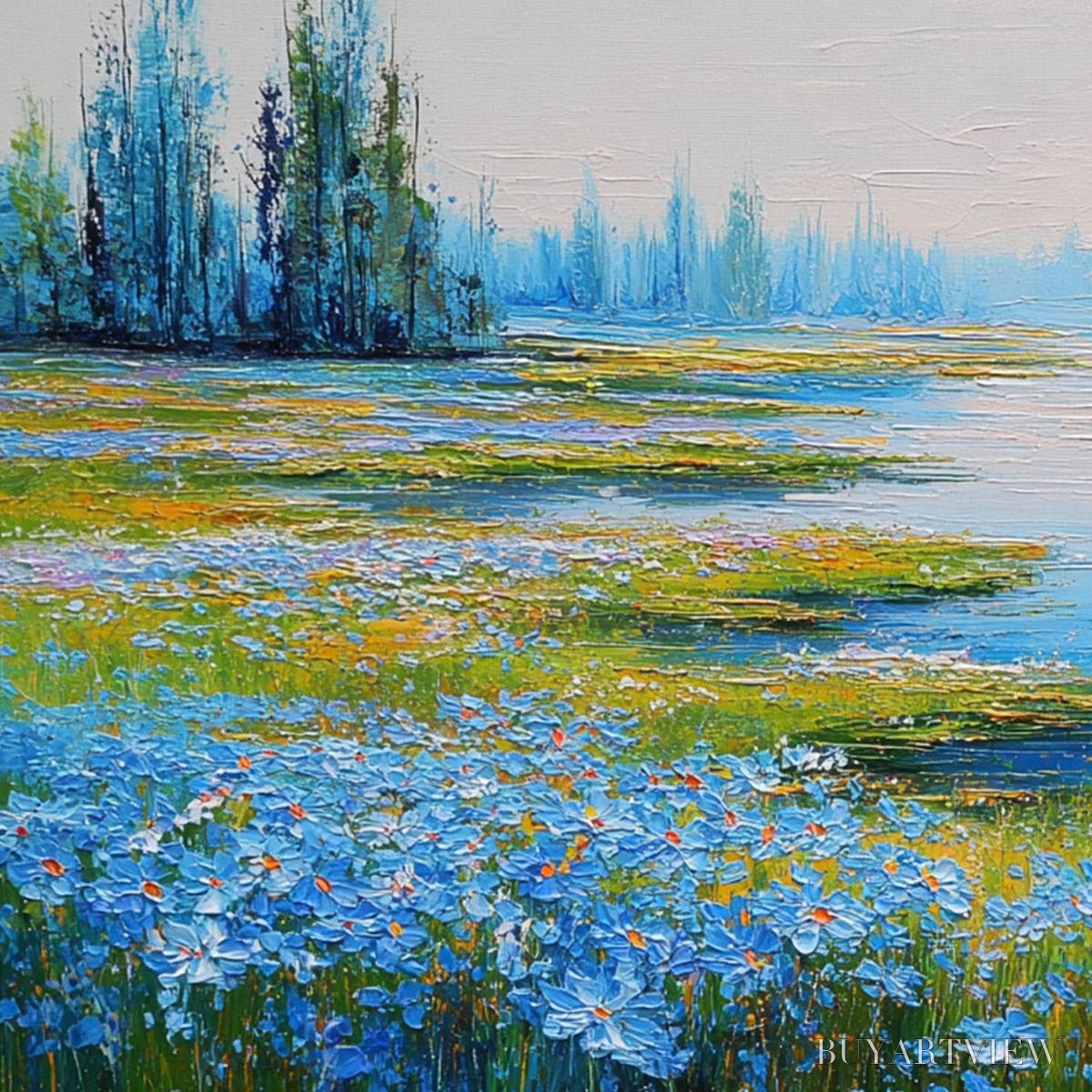 ARTOVITAS Azure Reverie – Textured Palette Knife Painting of a Serene Lakeside Meadow - image 3