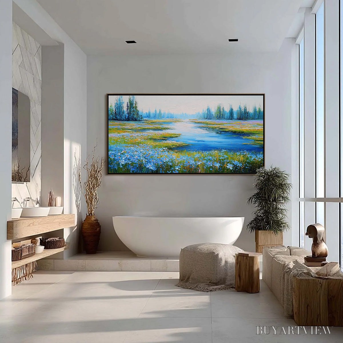 ARTOVITAS Azure Reverie – Textured Palette Knife Painting of a Serene Lakeside Meadow - image 4