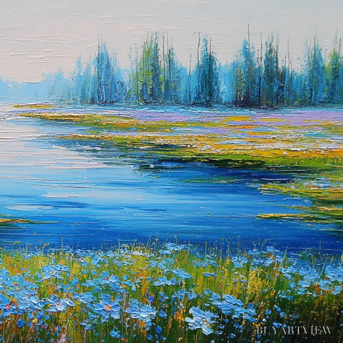 ARTOVITAS Azure Reverie – Textured Palette Knife Painting of a Serene Lakeside Meadow - image 5