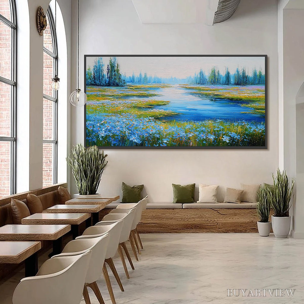 ARTOVITAS Azure Reverie – Textured Palette Knife Painting of a Serene Lakeside Meadow - image 6