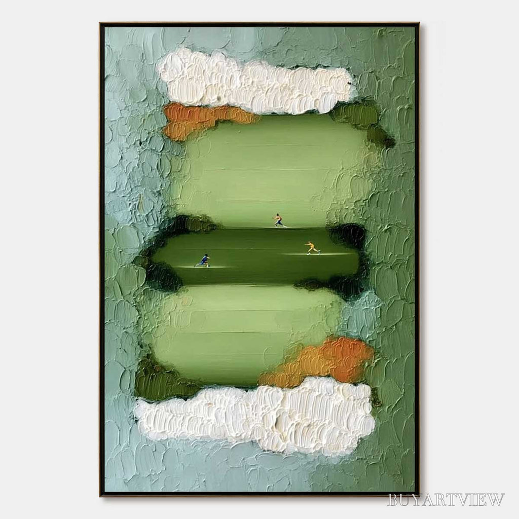 ARTOVITAS the Long Run – Textured Abstract Green Landscape Painting with Runners - image 1