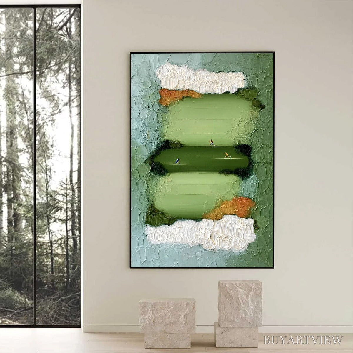 ARTOVITAS the Long Run – Textured Abstract Green Landscape Painting with Runners - image 6