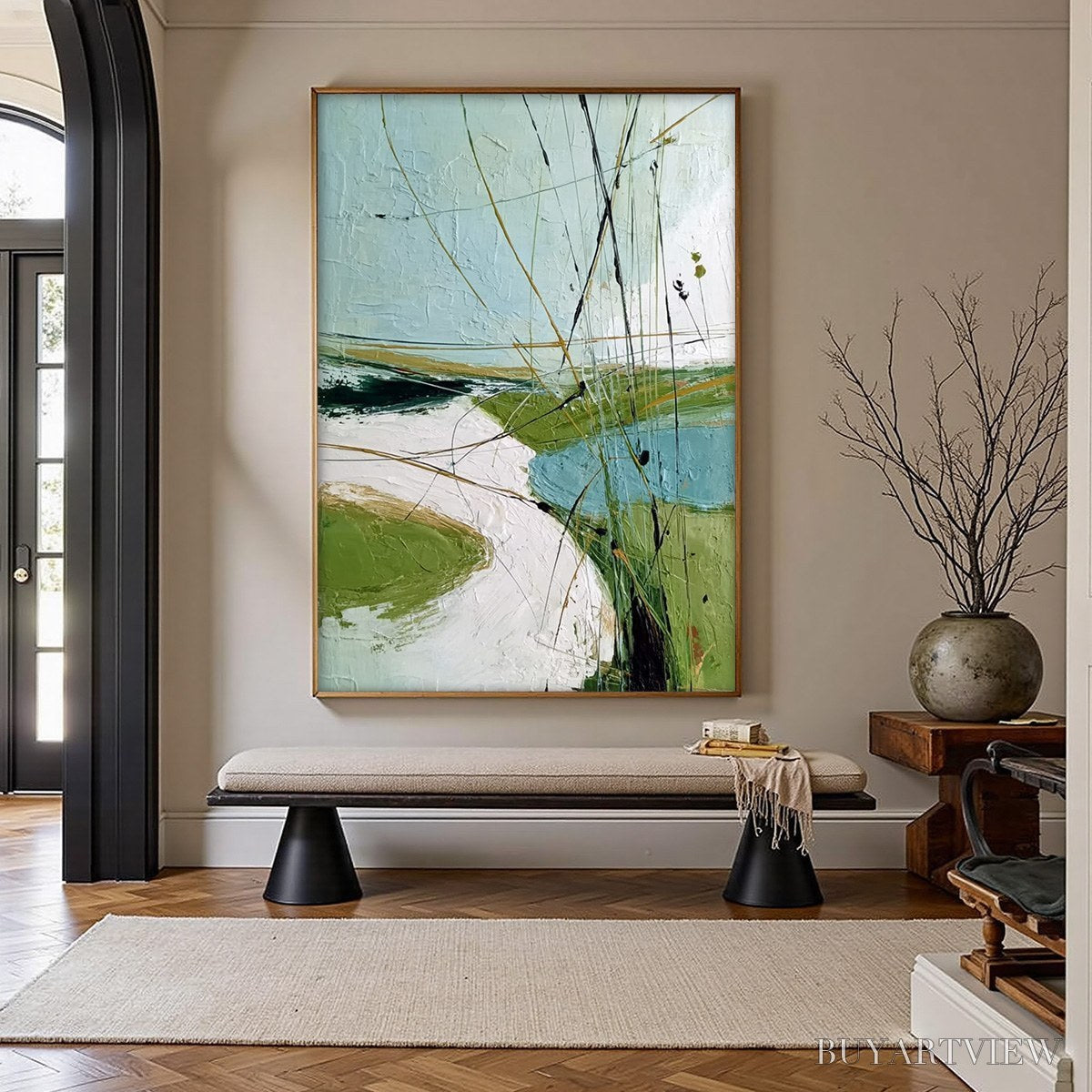ARTOVITAS Verdant Path – Textured Abstract Green and White Landscape Painting - image 2