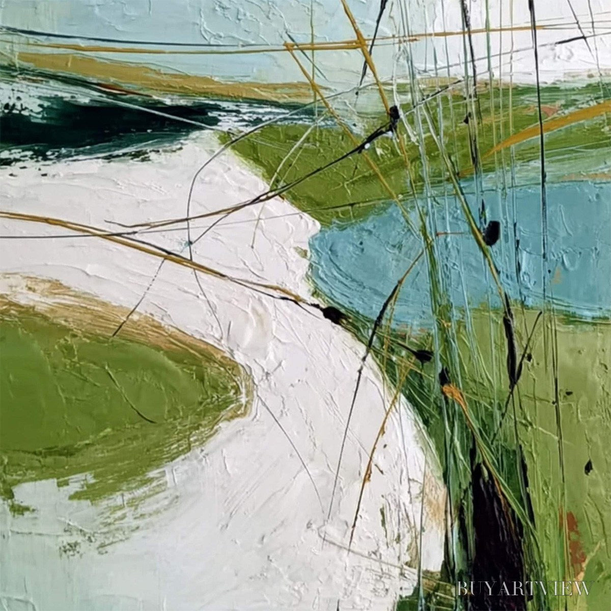 ARTOVITAS Verdant Path – Textured Abstract Green and White Landscape Painting - image 5