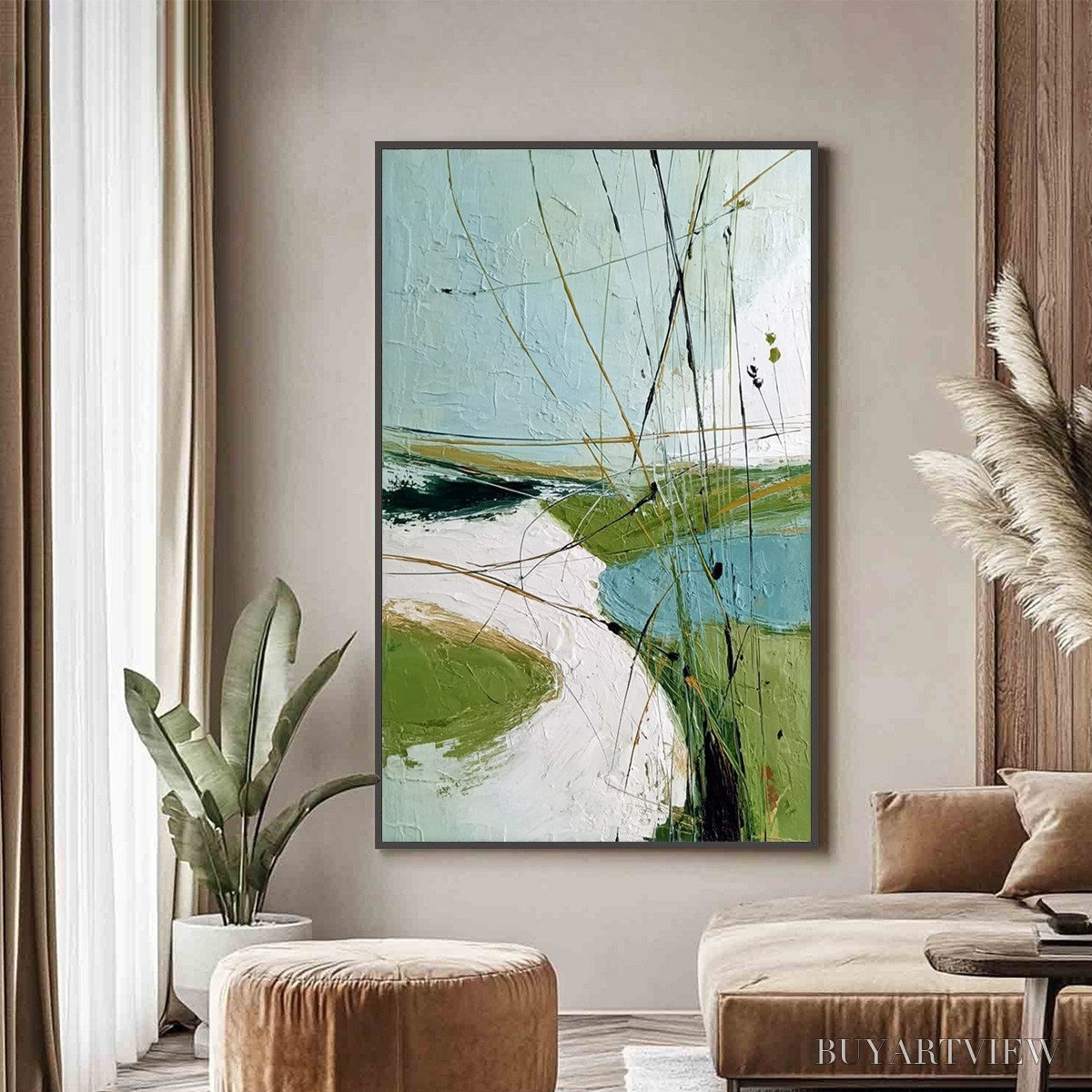 ARTOVITAS Verdant Path – Textured Abstract Green and White Landscape Painting - image 6