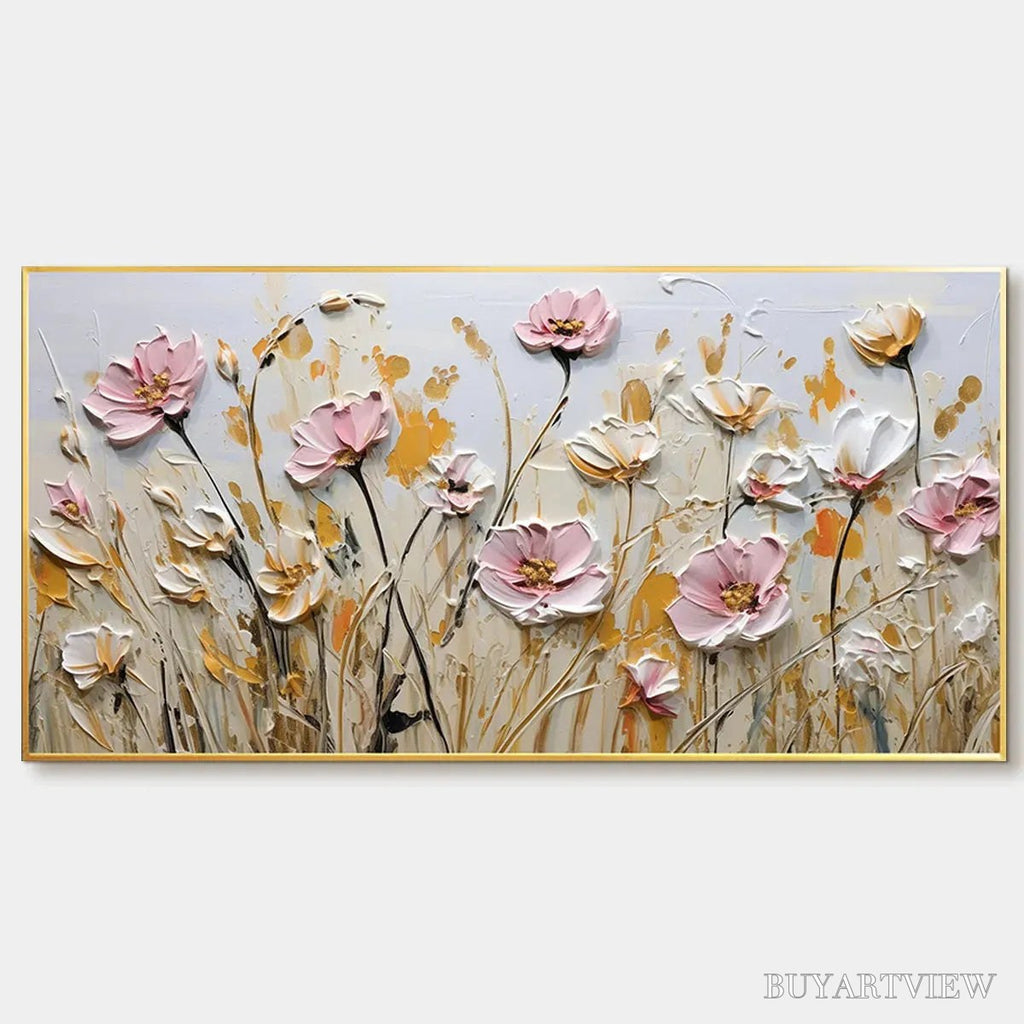 ARTOVITAS Field of Dreams – Horizontal Impasto Painting of Pink and White Flowers, Golden Field, Textured - image 1
