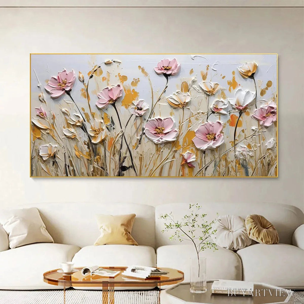 ARTOVITAS Field of Dreams – Horizontal Impasto Painting of Pink and White Flowers, Golden Field, Textured - image 2