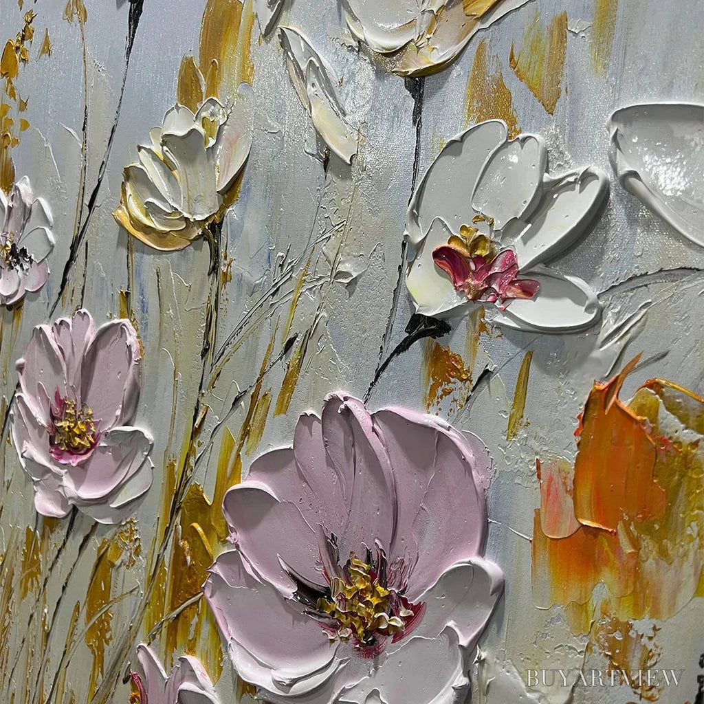 ARTOVITAS Field of Dreams – Horizontal Impasto Painting of Pink and White Flowers, Golden Field, Textured - image 3