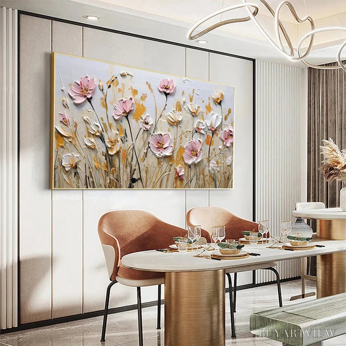 ARTOVITAS Field of Dreams – Horizontal Impasto Painting of Pink and White Flowers, Golden Field, Textured - image 4