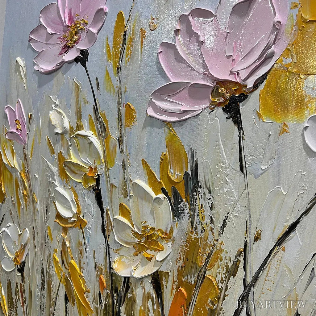 ARTOVITAS Field of Dreams – Horizontal Impasto Painting of Pink and White Flowers, Golden Field, Textured - image 5