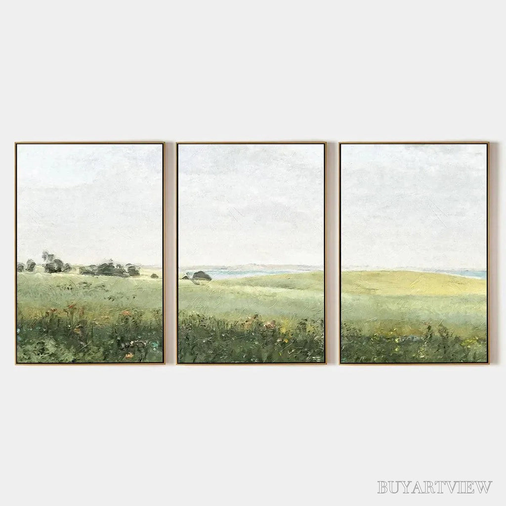 ARTOVITAS Green Field Triptych – Minimalist Landscape Painting Set of 3 - image 1