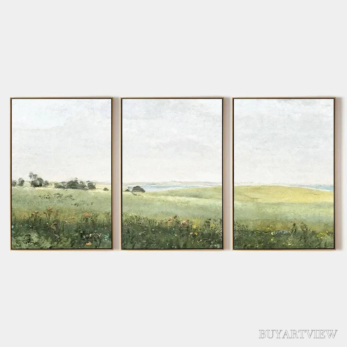 ARTOVITAS Green Field Triptych – Minimalist Landscape Painting Set of 3 - image 1