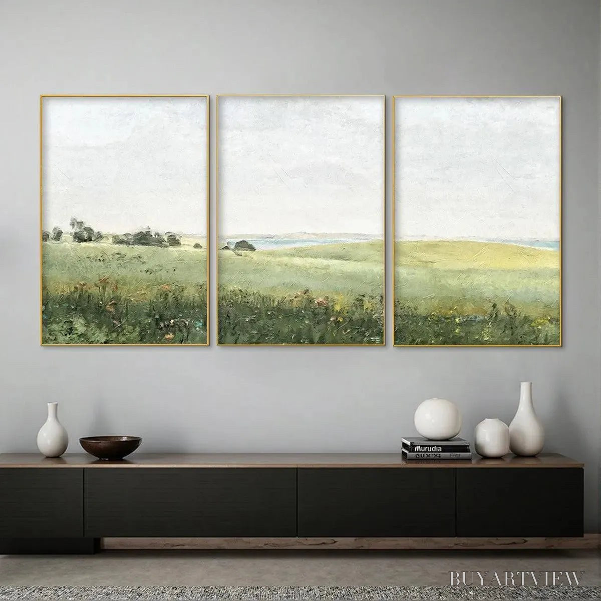 ARTOVITAS Green Field Triptych – Minimalist Landscape Painting Set of 3 - image 2