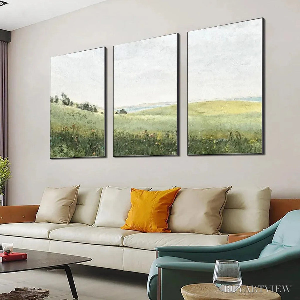 ARTOVITAS Green Field Triptych – Minimalist Landscape Painting Set of 3 - image 4