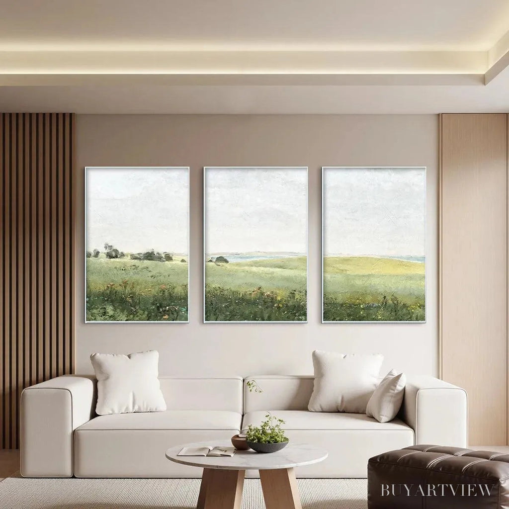 ARTOVITAS Green Field Triptych – Minimalist Landscape Painting Set of 3 - image 6