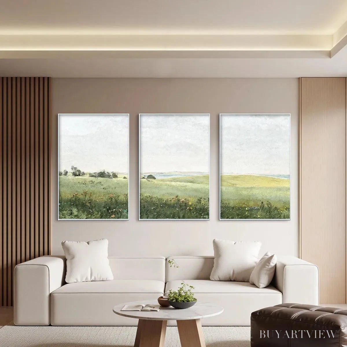 ARTOVITAS Green Field Triptych – Minimalist Landscape Painting Set of 3 - image 6
