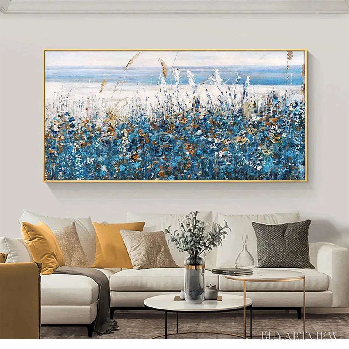 ARTOVITAS Blue Dunes – Coastal Landscape Painting with Blue Flowers - image 2