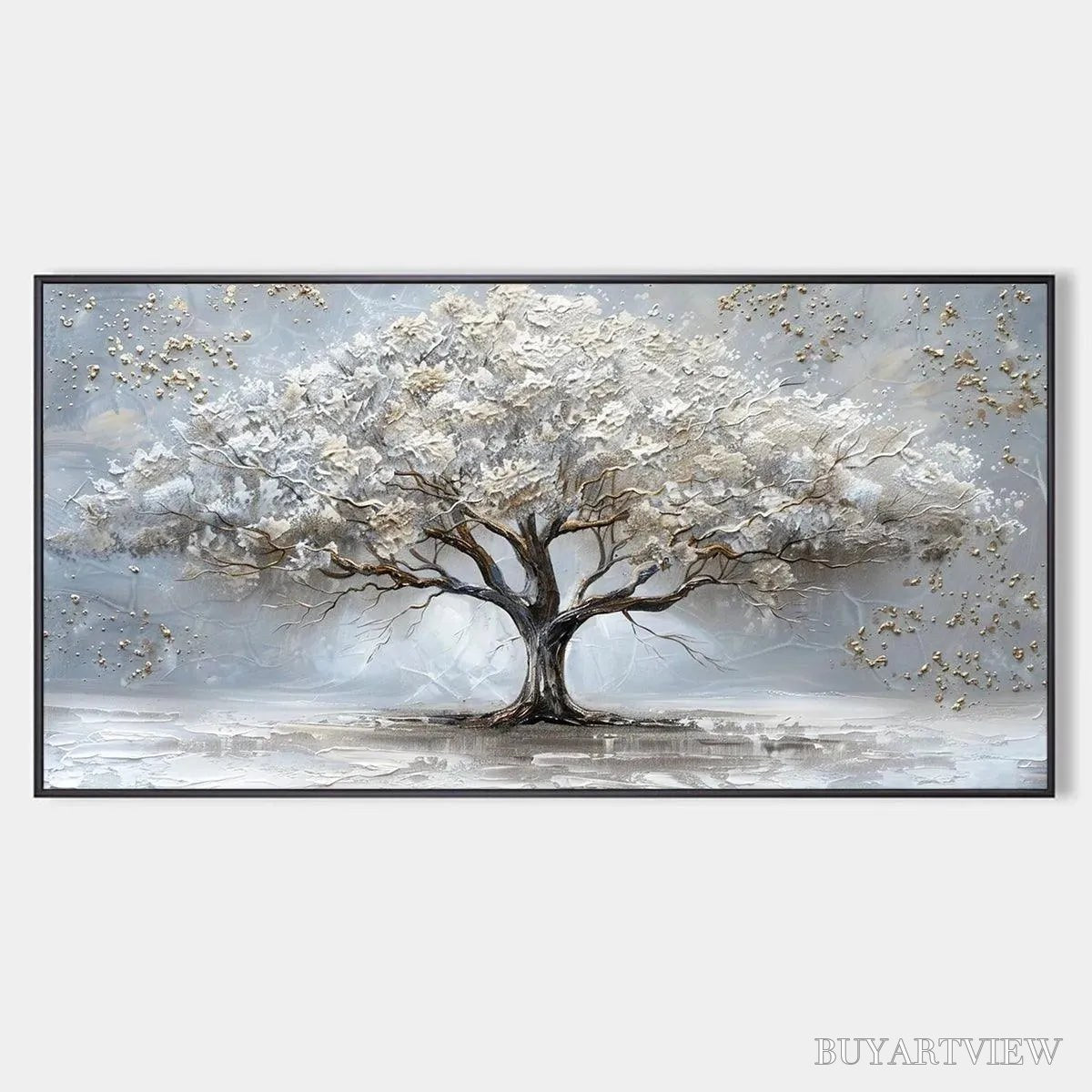 ARTOVITAS Silver Lining – Textured White and Gold Tree Painting on Grey Background - image 1
