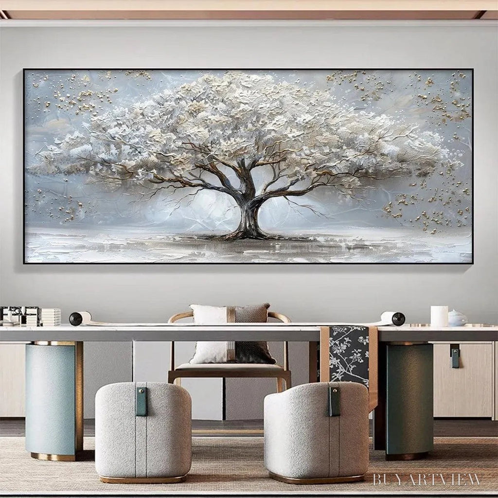 ARTOVITAS Silver Lining – Textured White and Gold Tree Painting on Grey Background - image 2