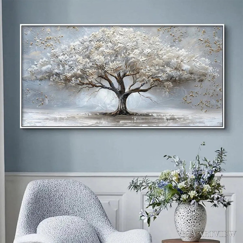 ARTOVITAS Silver Lining – Textured White and Gold Tree Painting on Grey Background - image 4