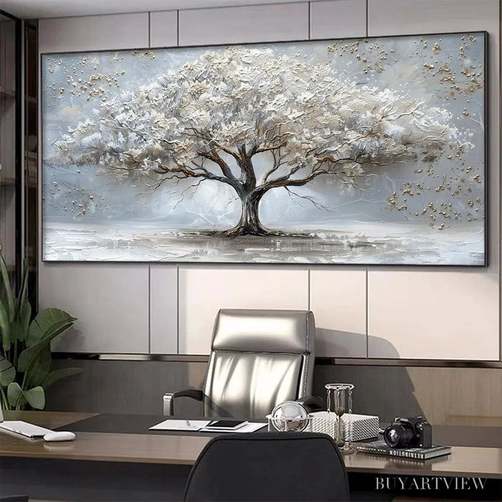 ARTOVITAS Silver Lining – Textured White and Gold Tree Painting on Grey Background - image 6