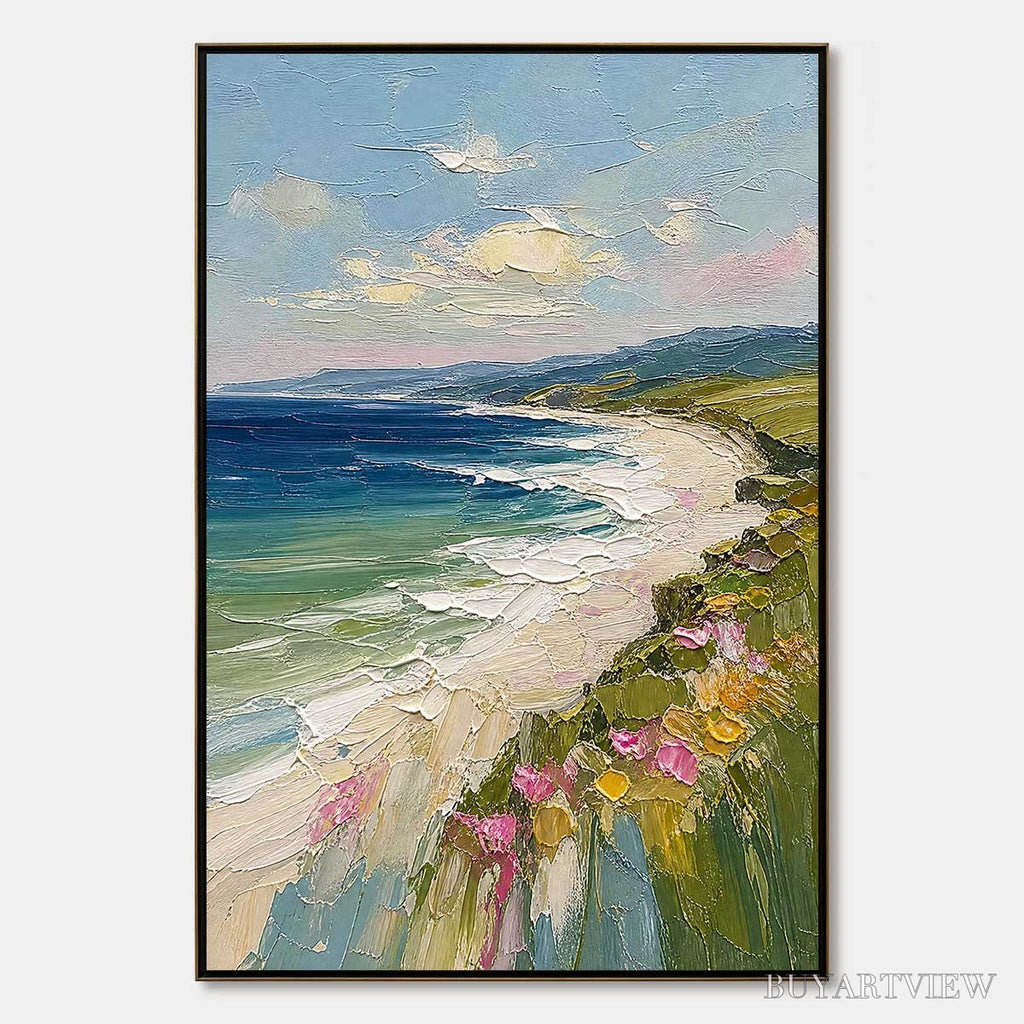 ARTOVITAS Coastal Bloom – Vertical Textured Seascape Painting of a Blooming Coast - image 1