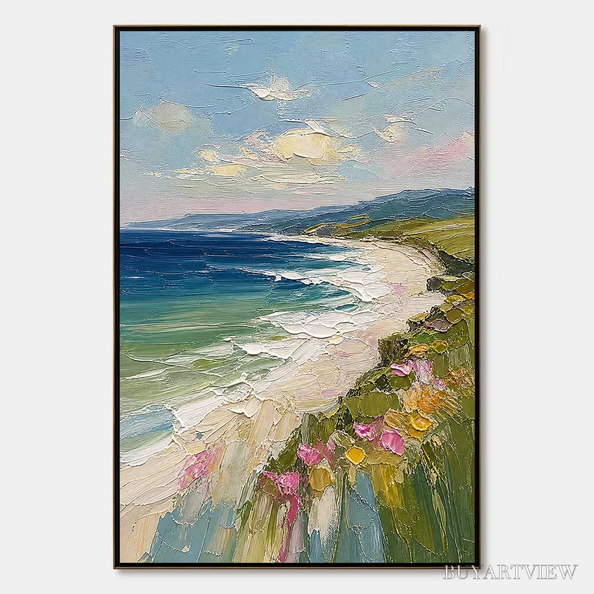 ARTOVITAS Coastal Bloom – Vertical Textured Seascape Painting of a Blooming Coast - image 1