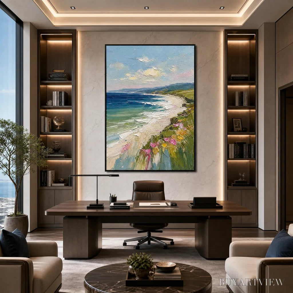ARTOVITAS Coastal Bloom – Vertical Textured Seascape Painting of a Blooming Coast - image 2