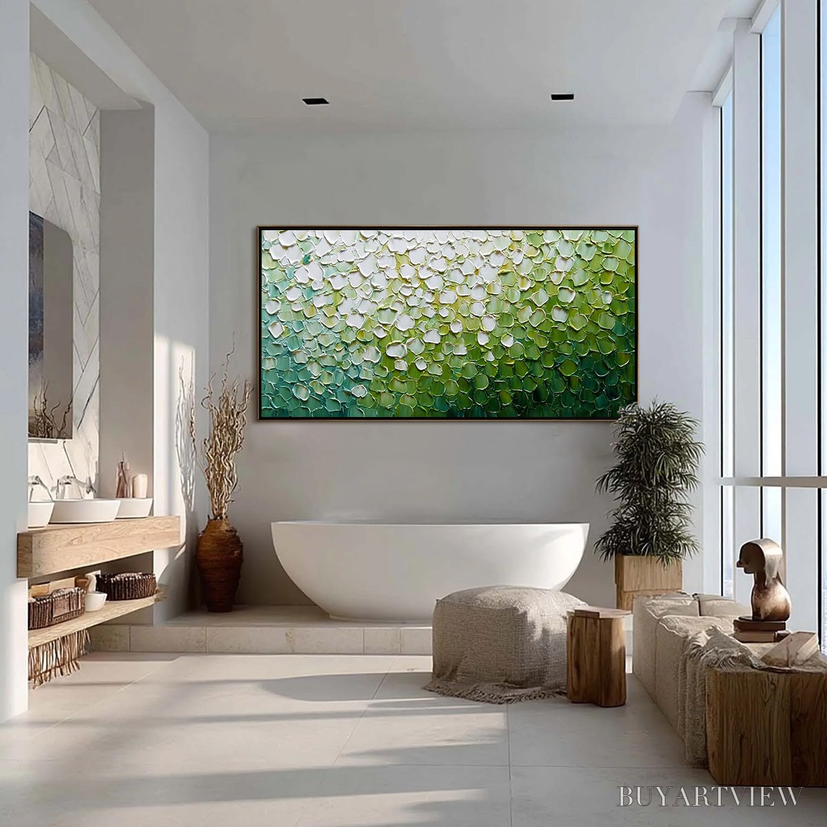 ARTOVITAS Verdant Bloom – Large Green And White Abstract Impasto Painting - image 4