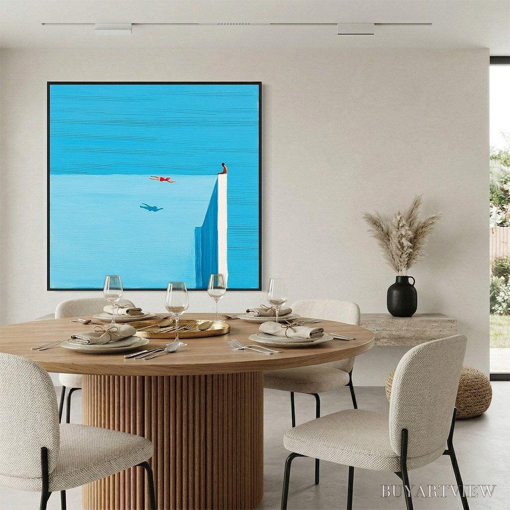 ARTOVITAS Horizon'S Edge – Minimalist Blue Seascape Painting with Figures - image 4